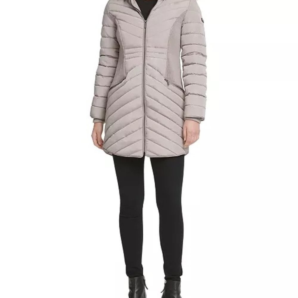 - DKNY Hooded Faux-Fur-Trim Puffer Coat